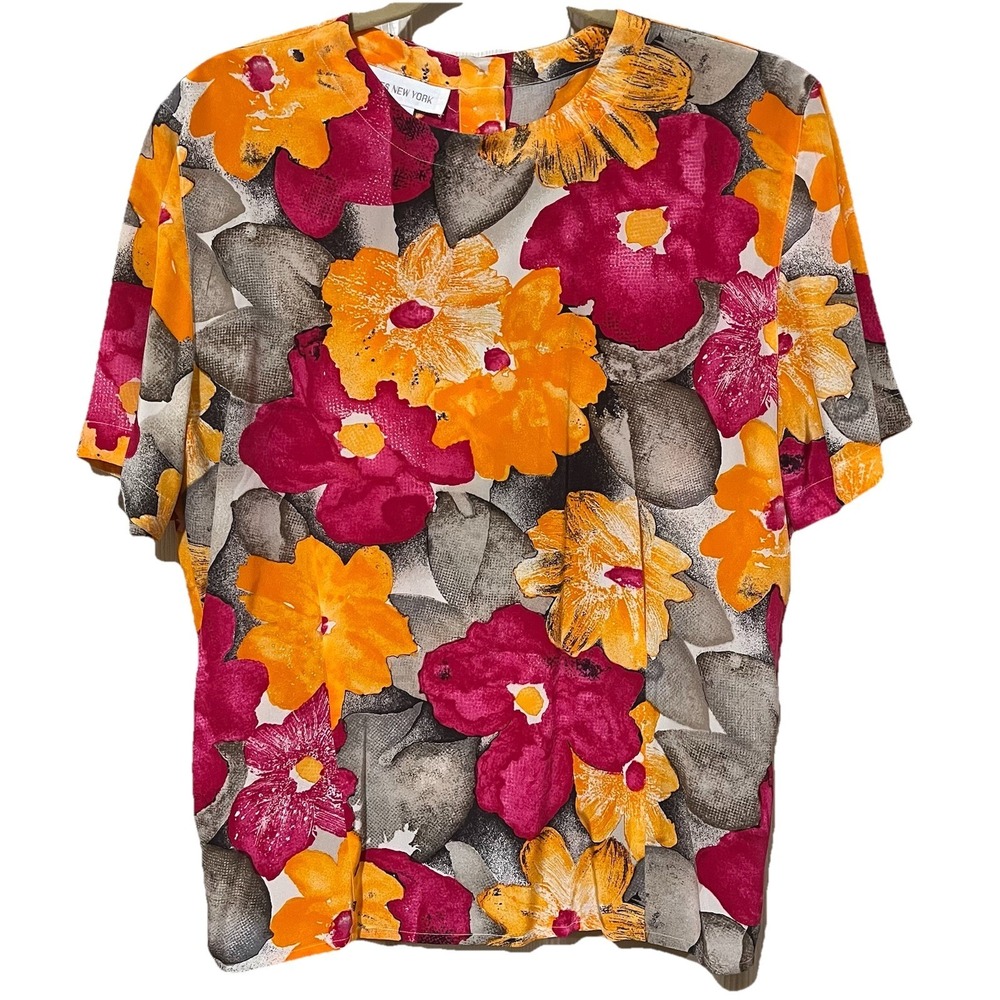 VTG Jones‎ New York Silk Floral Top Women's 10 Multicolor Tropical Hawaiian Chic